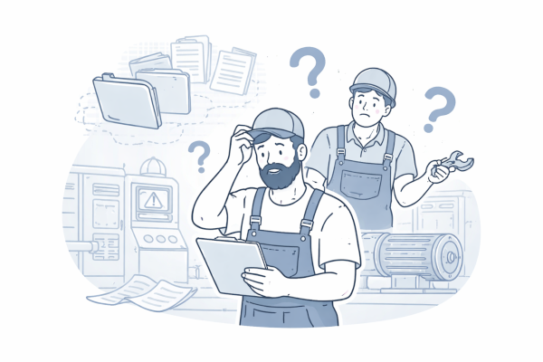 Maintenance workers looking confused while reviewing papers and folders