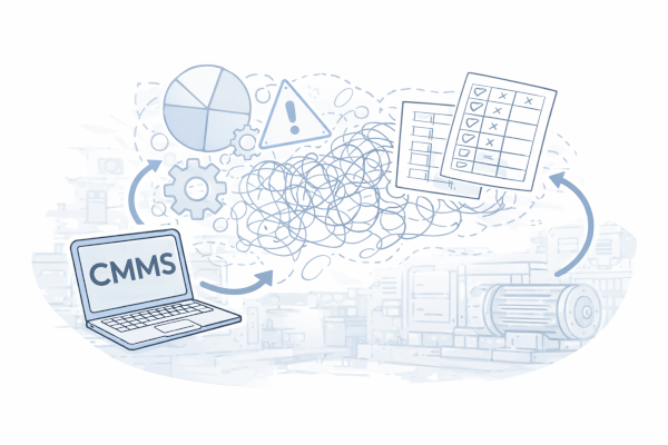Laptop labeled CMMS surrounded by tangled lines charts and documents