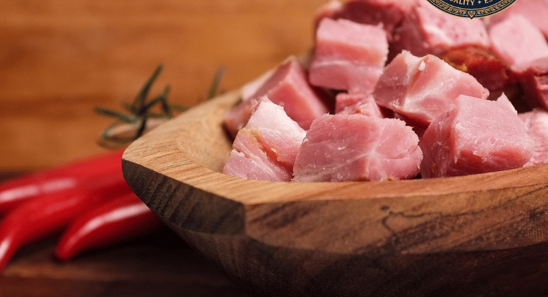 cambodia premium bacon lardons in wooden bowl