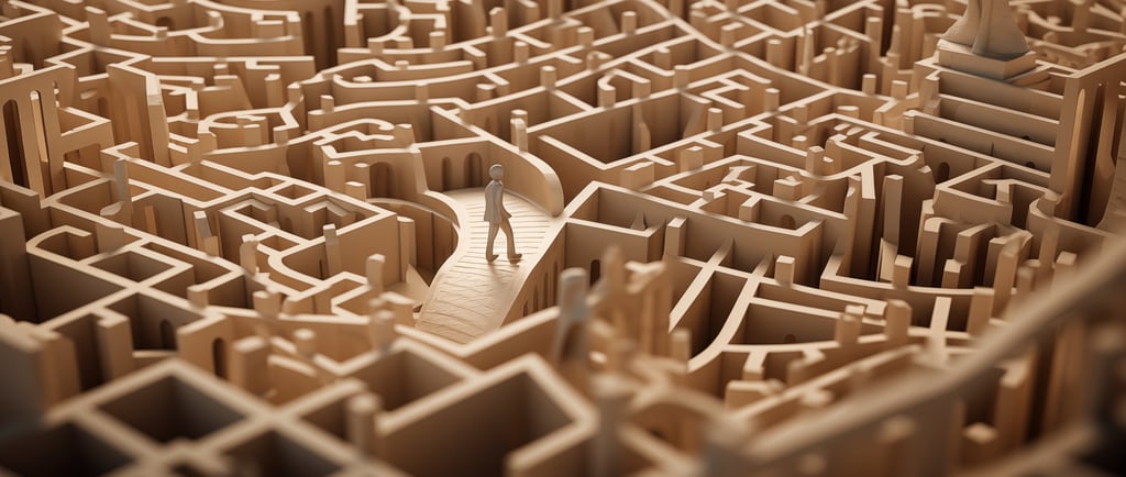 A small human figure navigates a complex beige 3D architectural labyrinth maze representing problem solving.