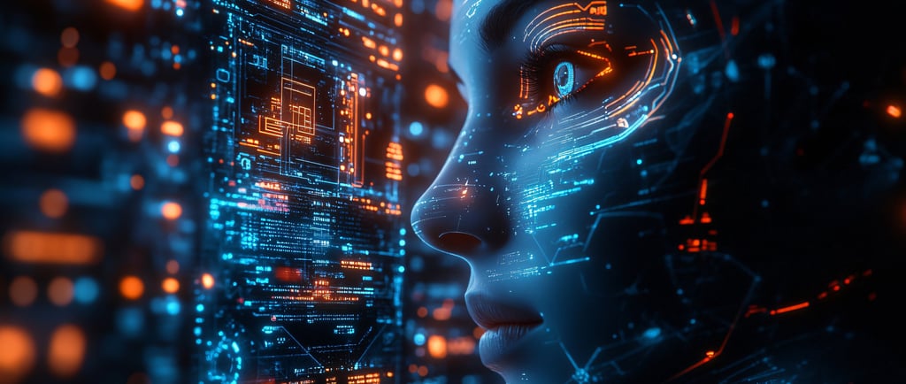 Futuristic digital AI face with glowing circuit patterns and orange data visualization overlays.