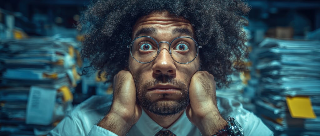 Stressed office worker with an afro looking overwhelmed by piles of paperwork and deadlines.