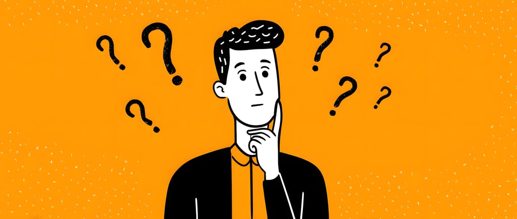 Confused man thinking with question marks illustration on an orange background.