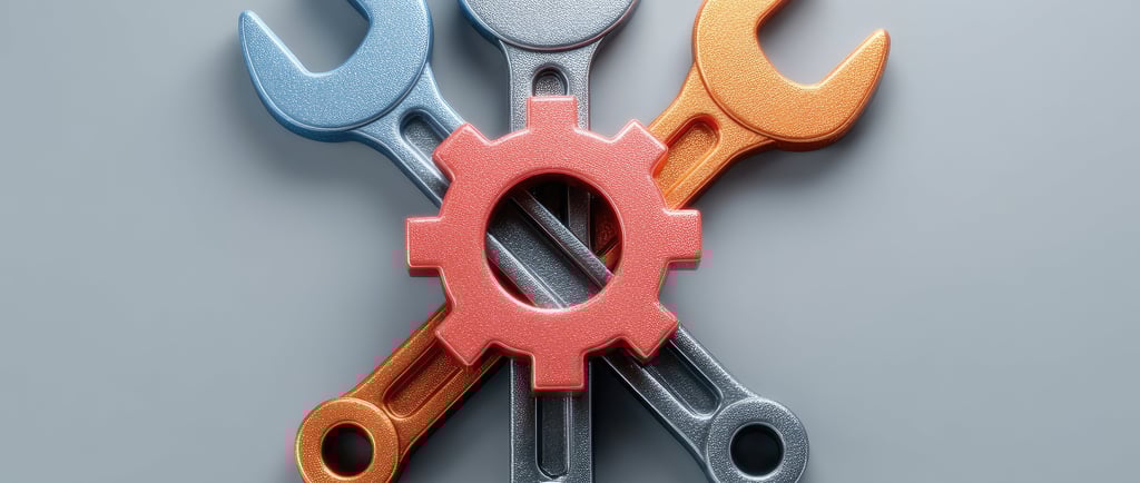 Three metallic wrenches crossed behind a red gear icon symbolizing industrial repair and configuration services.