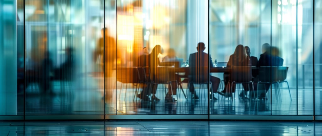 Blurred silhouettes of business professionals in a modern glass conference room for a corporate meeting.