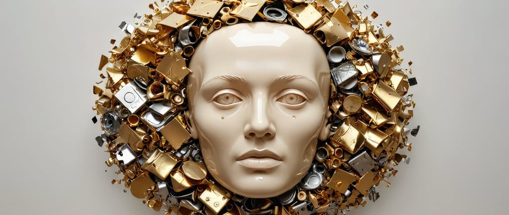Surrealistic white ceramic human face surrounded by a circular halo of golden and silver scrap metal