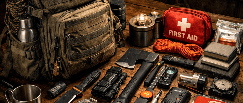 Survival gear layout with tactical backpack, first aid kit, axe, and emergency food rations on a wooden table.