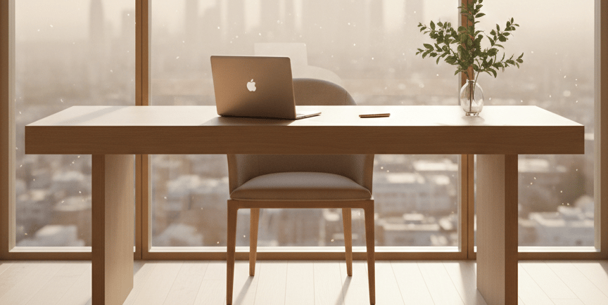Minimalist wooden desk with a laptop and potted plant in a high-rise office with a city view.