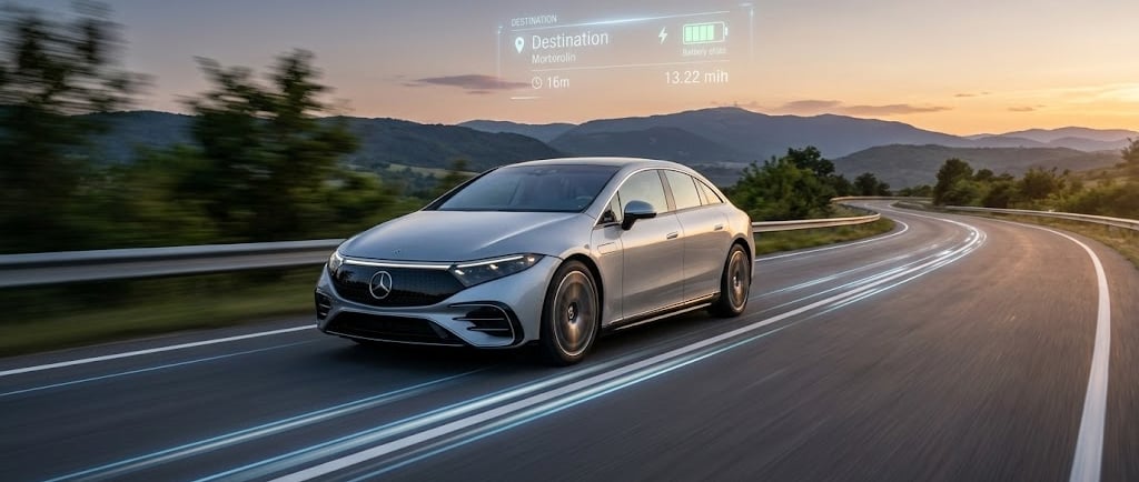 Vision futuriste du convoyage automobile avec interface digitale et voiture électrique en mouvement.