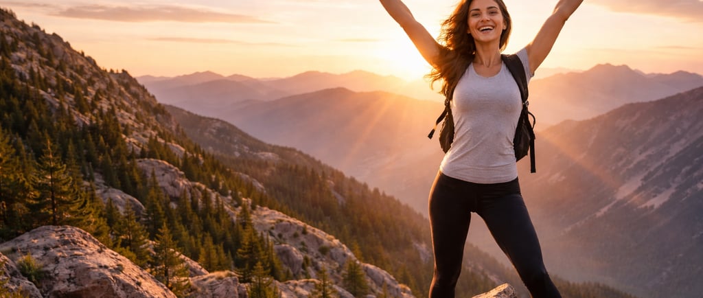 امرأة واثقة من نفسها تقف على قمة جبل عند شروق الشمس رافعة يديها، ترمز إلى الثقة بالنفس، التطور الشخص