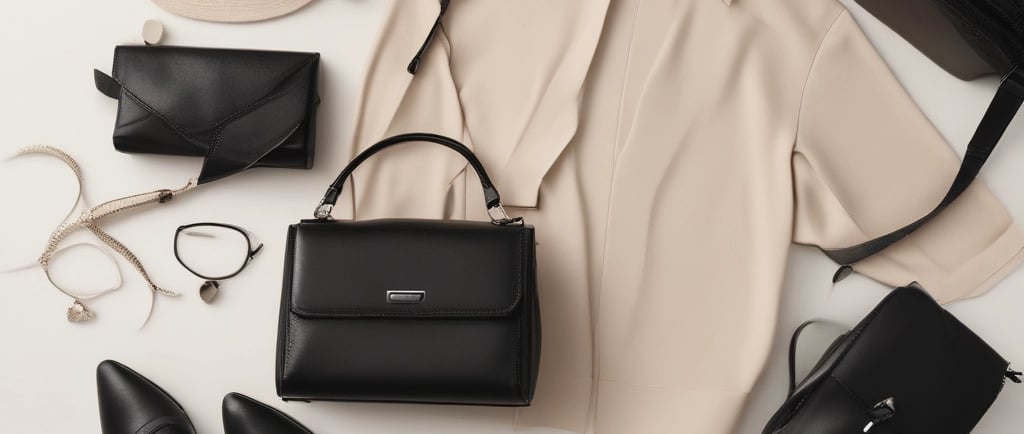 A stylish outfit flat lay featuring pastel colors and elegant accessories.