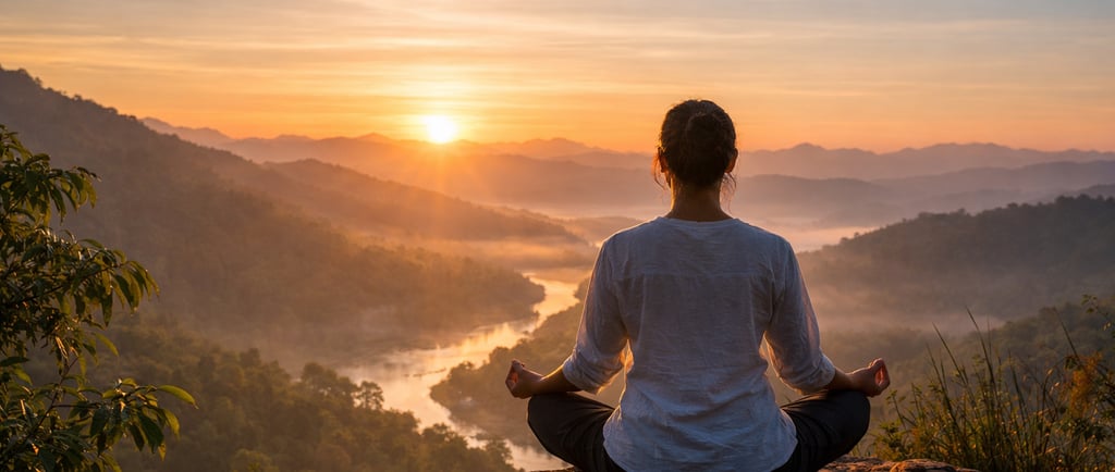 A peaceful meditation scene in nature representing wellness travel by Soma Journeys.