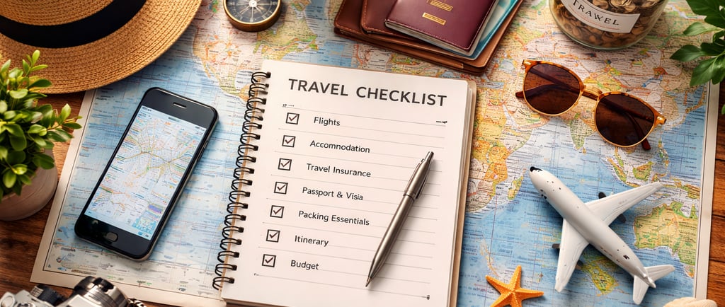 Holiday planning checklist with travel essentials on a map, representing expert travel planning by Soma Journeys.