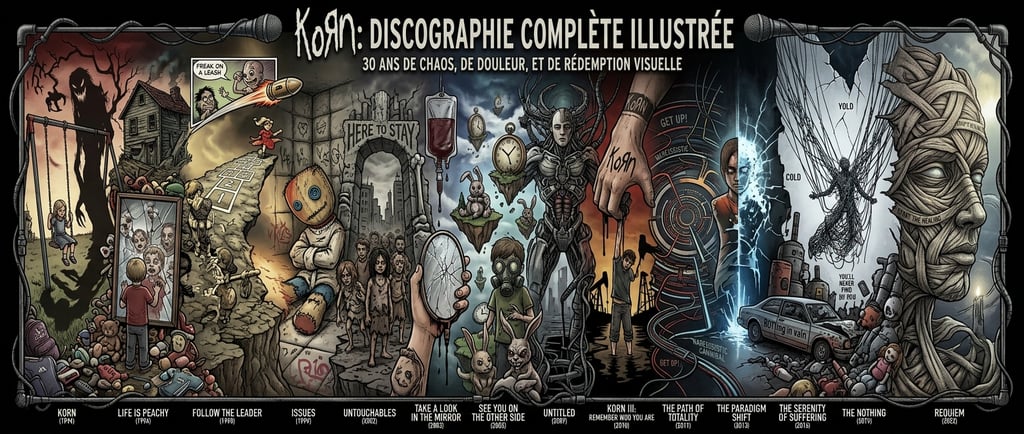 Illustrated Korn complete discography poster featuring surreal album art icons and 30 years of nu-metal history.