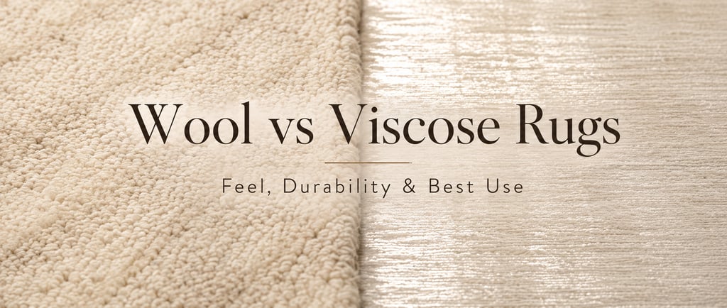 Close-up comparison of wool and viscose rug textures showing natural wool pile and smooth silk-like 