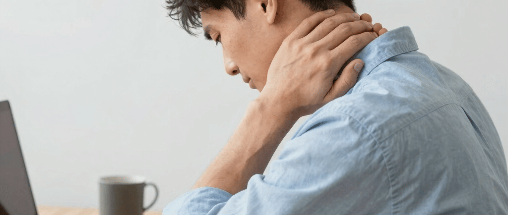 photo of a man sitting at his desk holding his neck and grimacing in pain