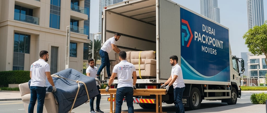 Professional Dubai Packpoint Movers loading furniture into a moving truck near Burj Khalifa.