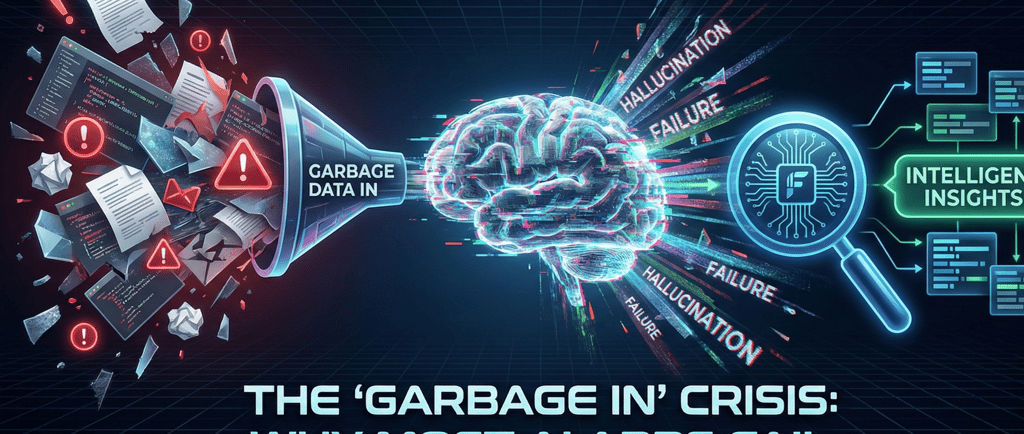 Split-screen digital illustration comparing chaotic, crumpled papers representing 'raw data' on the