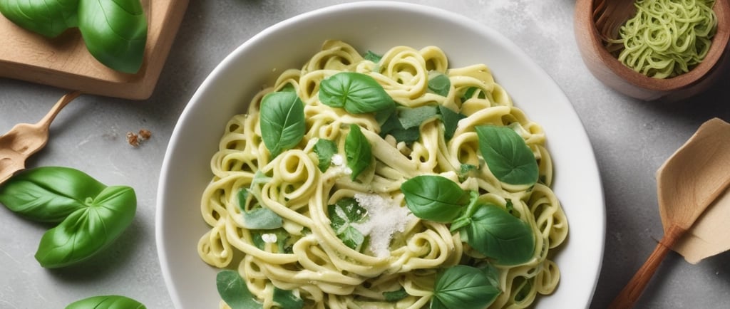Green creamy pasta with basil leaves, fresh bright background.