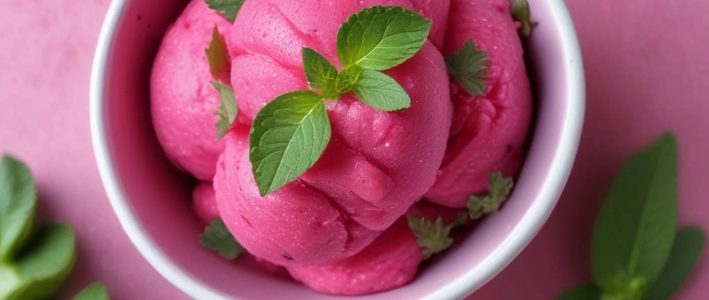 A bowl of bright pink berry sorbet with mint leaves