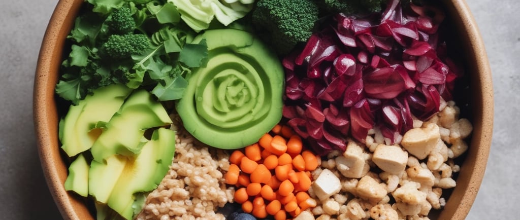 Perfectly arranged Buddha bowl, overhead shot, calm wellness aesthetic.