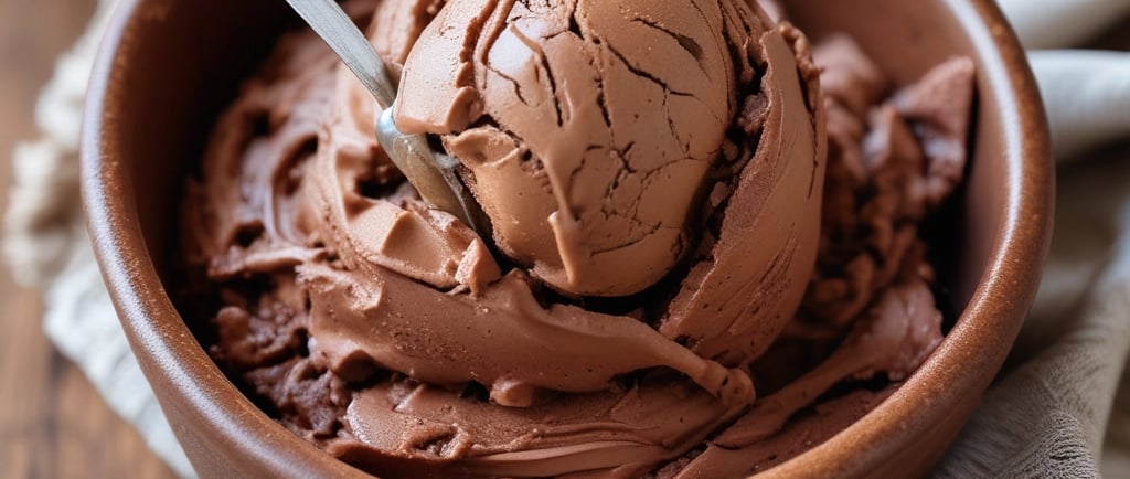 Chocolate ice cream with a swirl of peanut butter in a rustic bowl