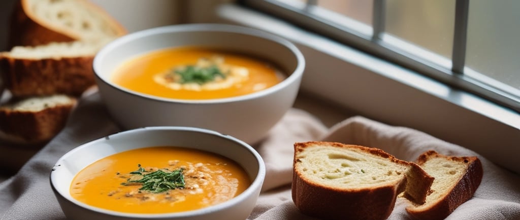 Warm bowl of red lentil soup with coconut swirl, bread on side, cozy window light.