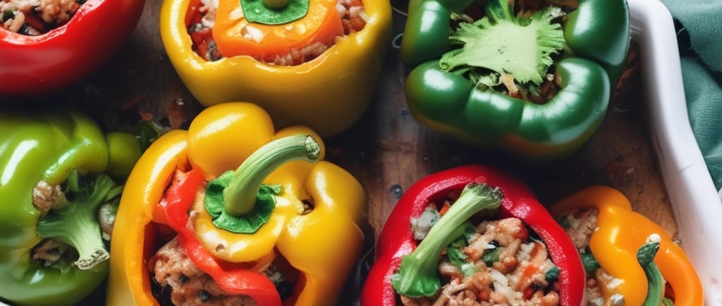 Colorful stuffed peppers in baking dish, oven-fresh look.