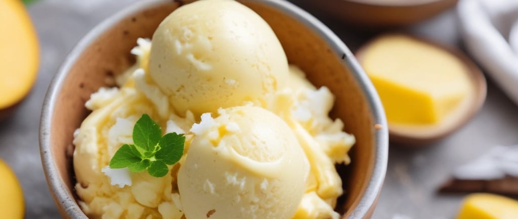 Bright yellow mango coconut ice cream in a bowl with coconut flakes
