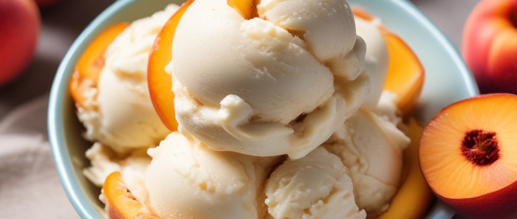 Creamy peach ice cream with peach slices in soft summer light