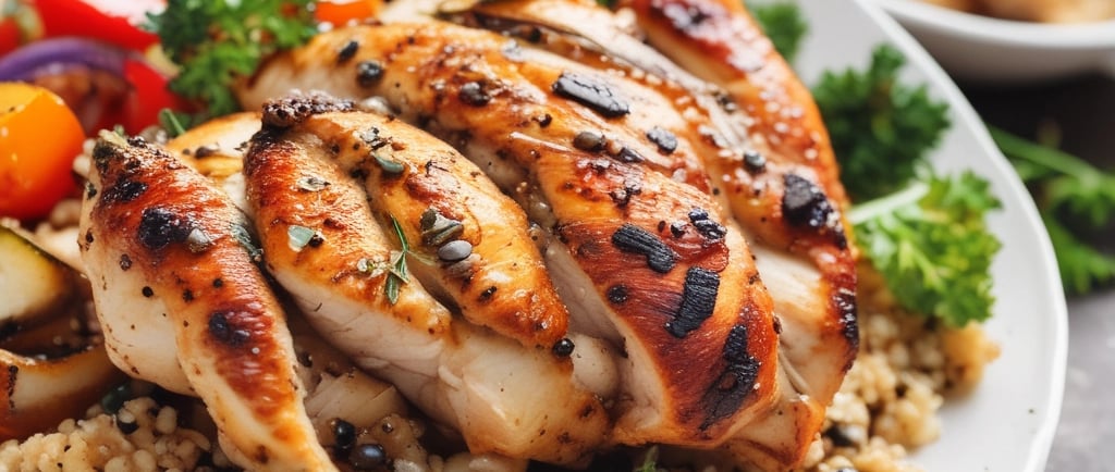a close up of chicken on a grill with a fork