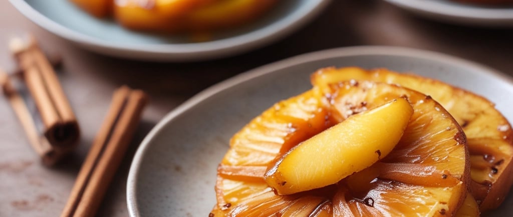 Caramelized pineapple slices with cinnamon on a bright plate
