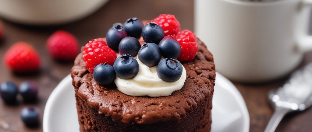A mug filled with fluffy chocolate mug cake topped with berries