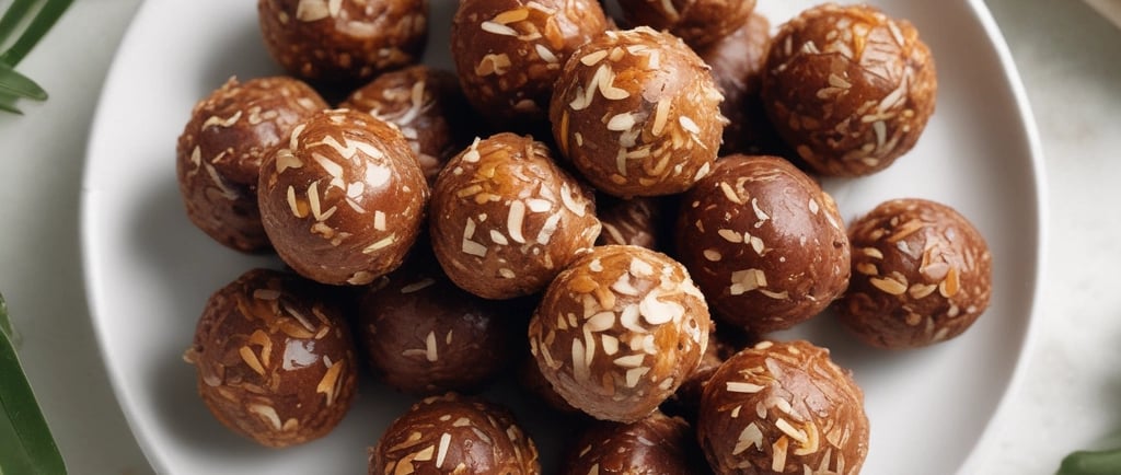 Chewy coconut date balls on a minimal white plate