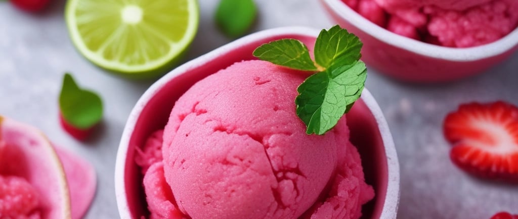 Bright pink raspberry lime sorbet with mint leaves and lime slices