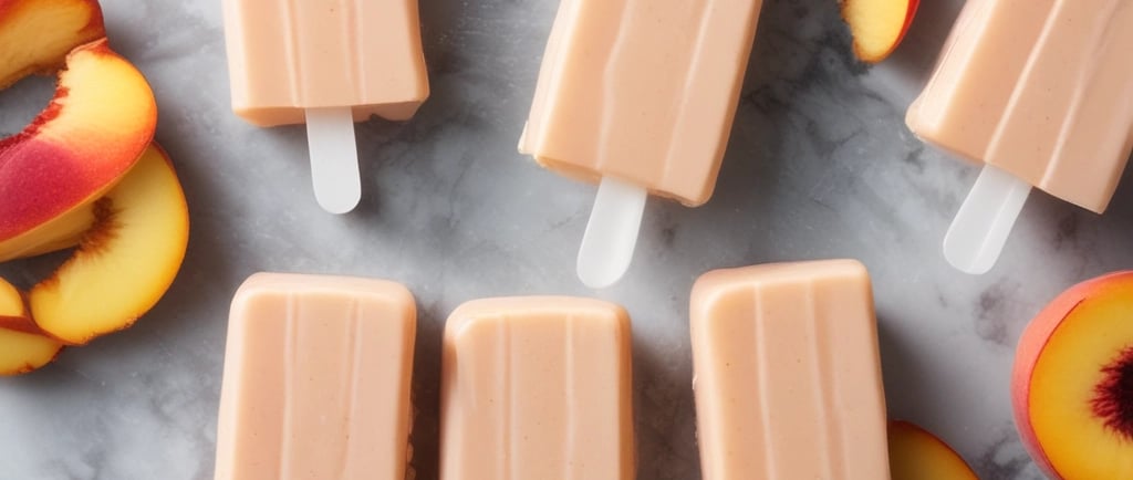 Peach yogurt popsicles on a marble slab with sliced peaches