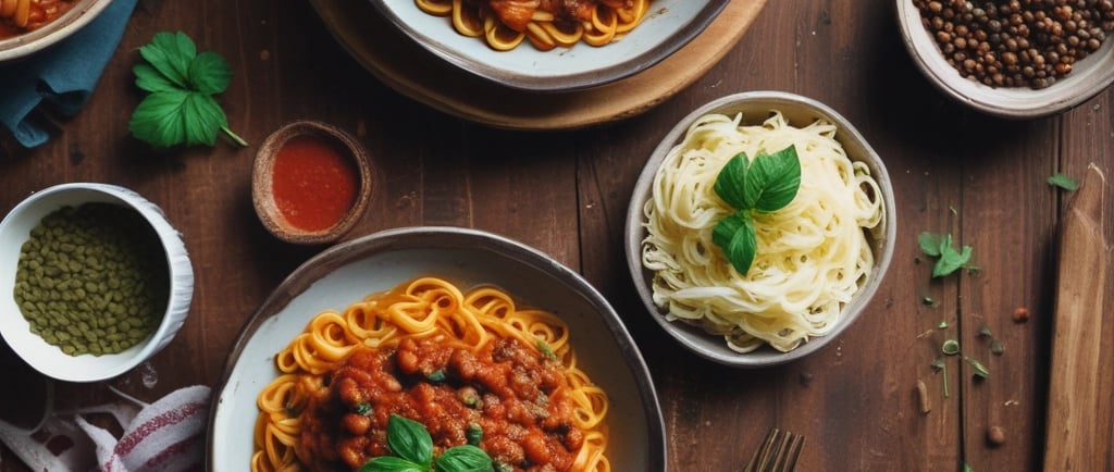 Thick lentil bolognese over pasta, rustic Italian dinner vibe.