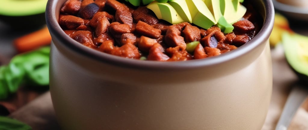 Hearty chili bowl with avocado slices, steam rising.