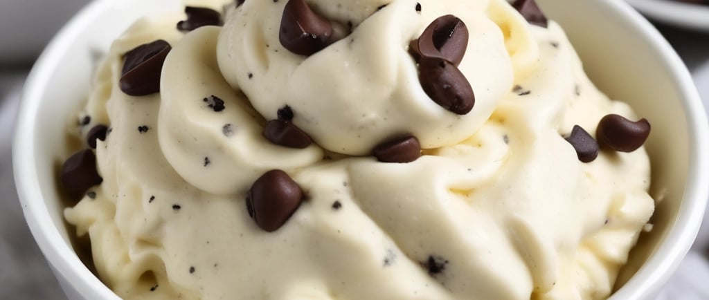 Creamy vanilla nice cream with dark chocolate chips in a white bowl