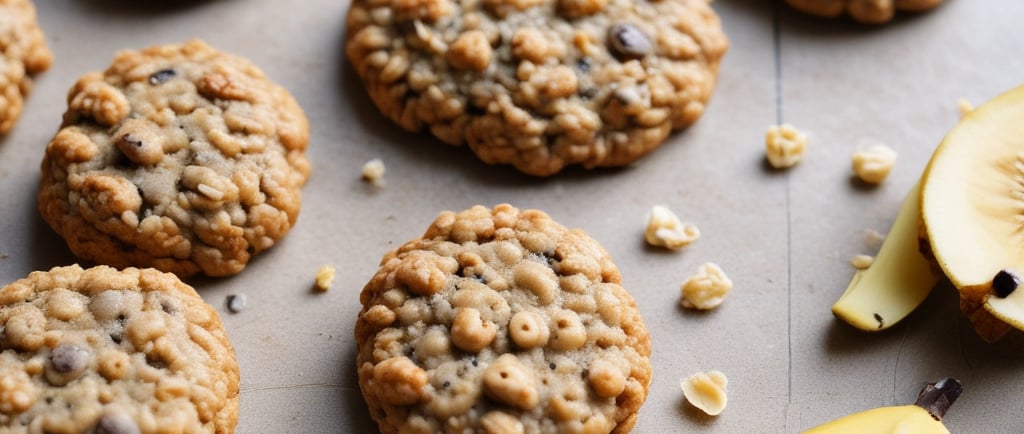 Soft banana oat cookies on parchment paper with oats and sliced bananas around