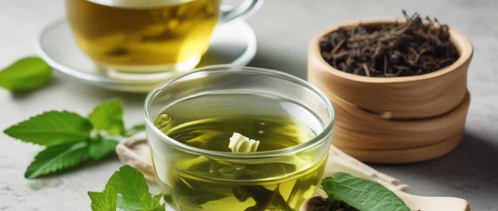 Dried green tea leaves with a sword-like shape