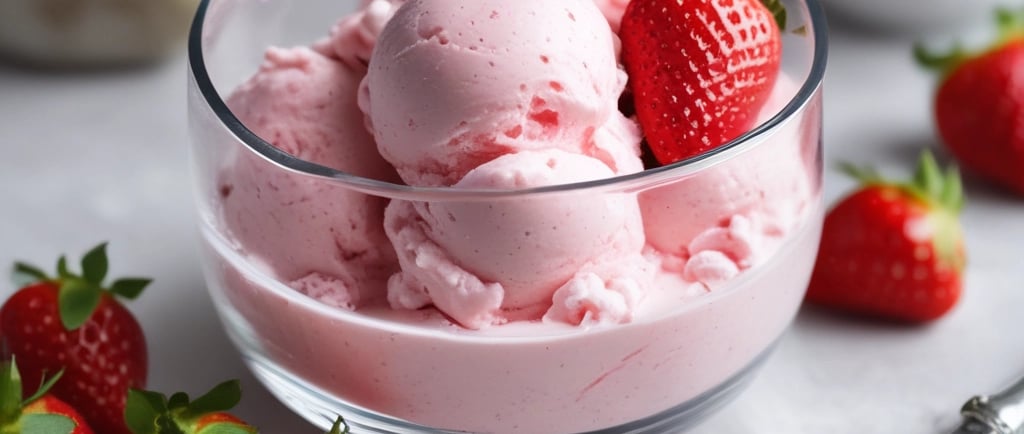 A pink strawberry yogurt ice cream scoop in a glass bowl with fresh strawberries around
