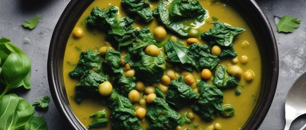 Bright green spinach chickpea curry with herbs, glossy sauce texture.