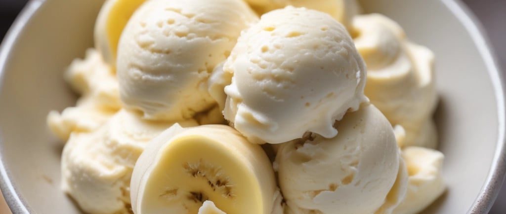 A bowl of creamy banana ice cream topped with banana slices in bright natural light