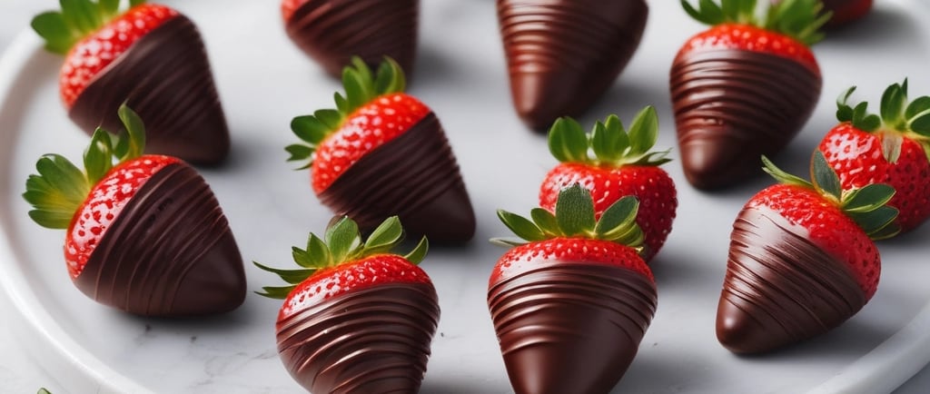 Glossy chocolate-dipped strawberries on a marble plate