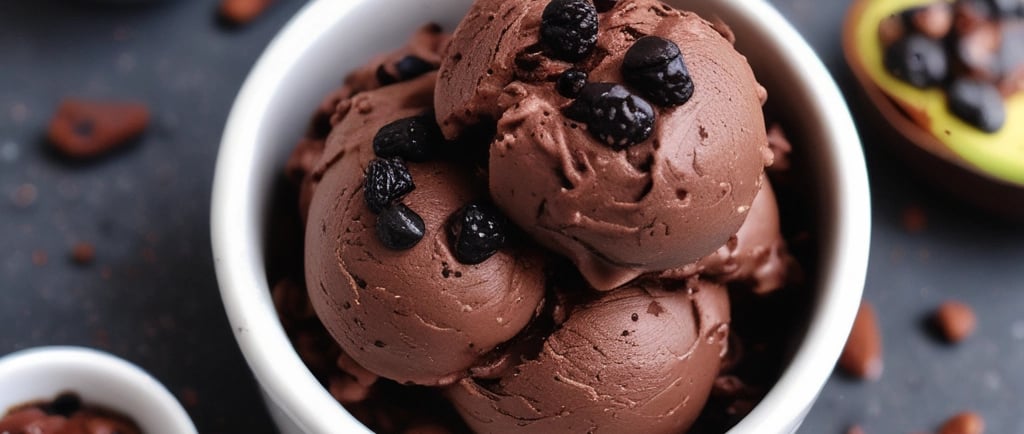 Rich dark chocolate avocado ice cream in a small bowl, topped with cacao nibs