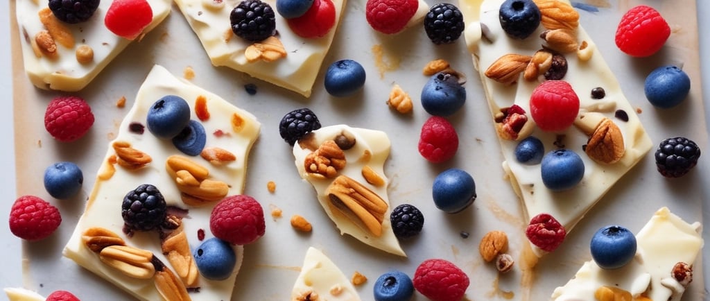 Colorful yogurt bark pieces with berries and nuts on parchment paper