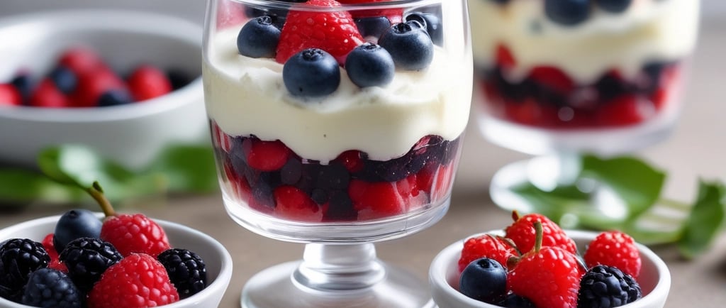Elegant glass cups filled with ricotta and mixed berries