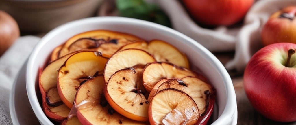 Warm baked apples in a white dish with cinnamon on top, cozy rustic table