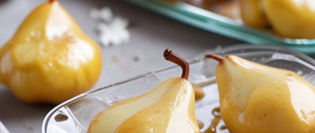Soft baked pears drizzled with honey in a glass dish